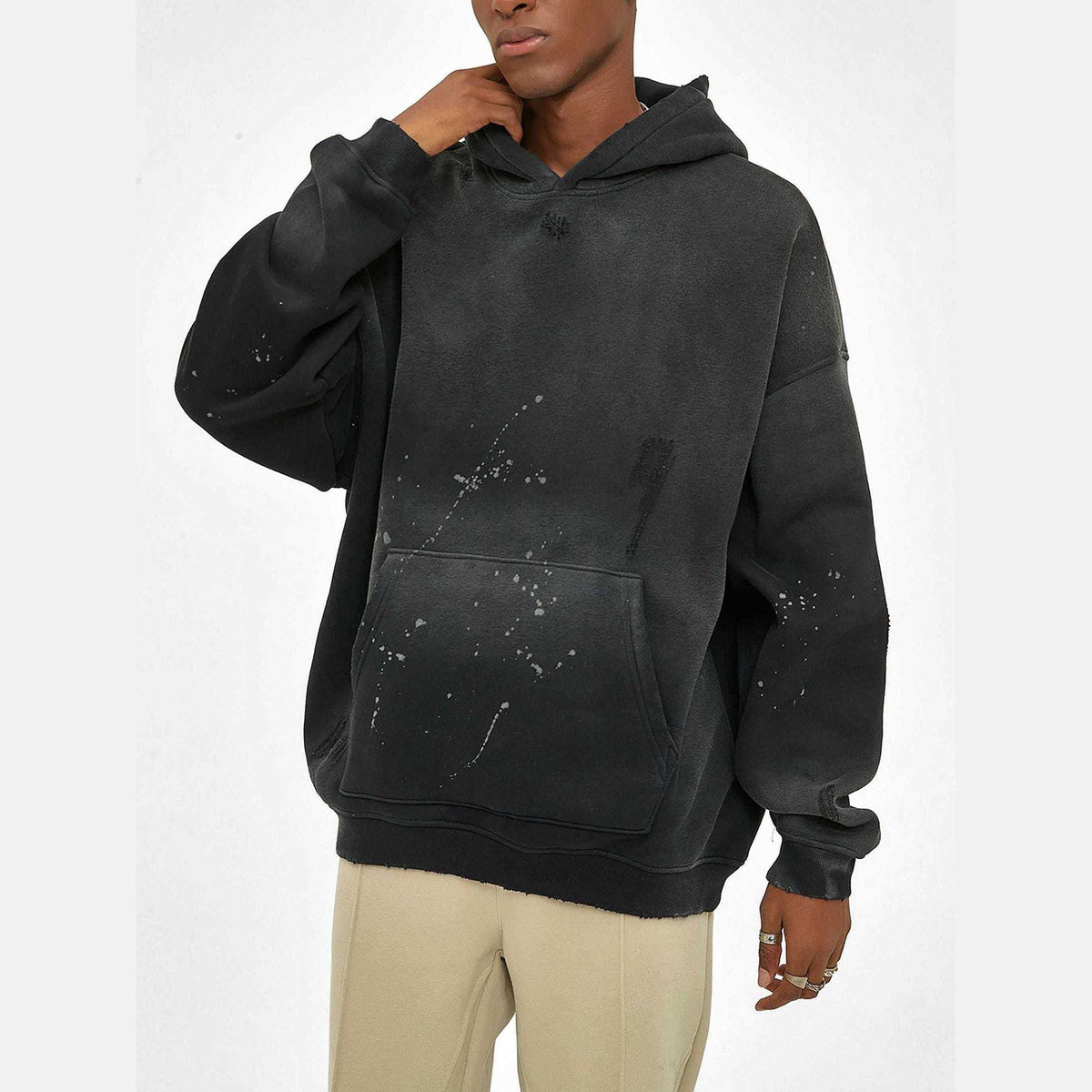 Vintage Luxe Frayed Fleece Hoodie Black